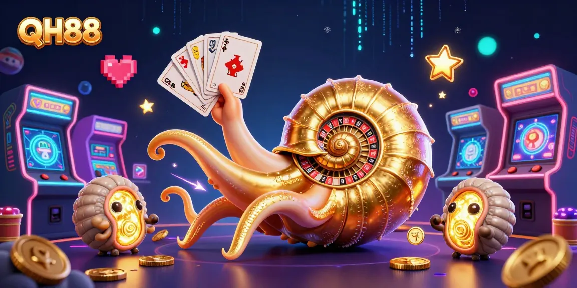 Engage with QH88's vibrant gaming world featuring an animated nautilus and lively casino elements.