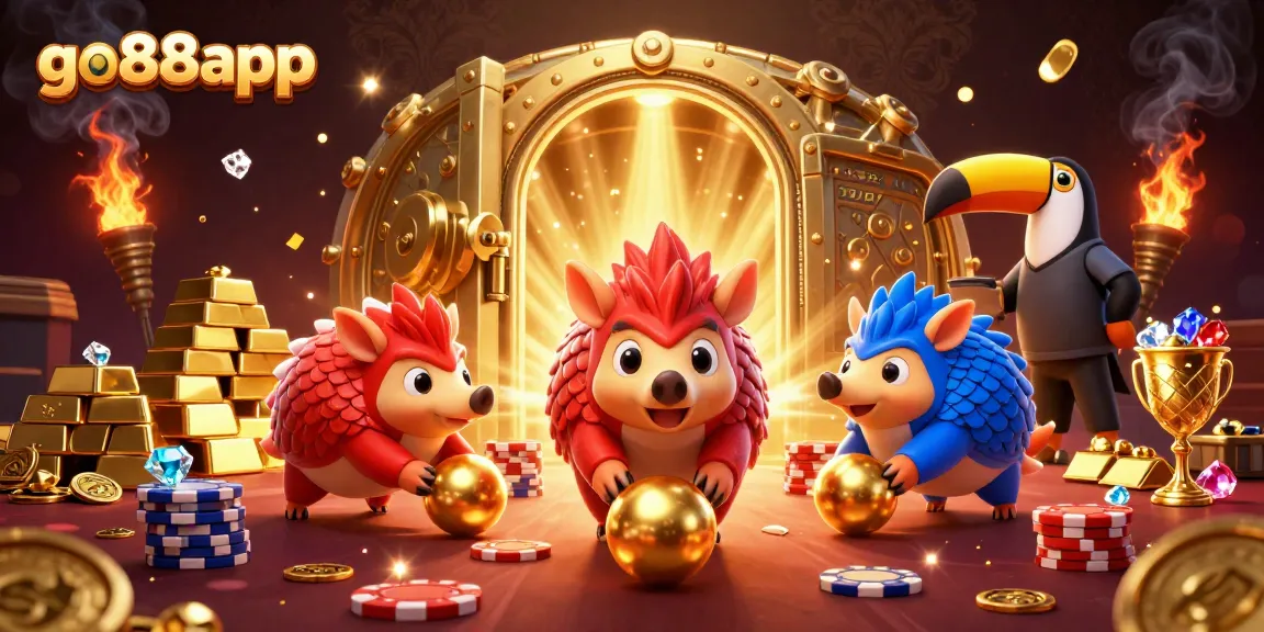 Experience exciting gaming action with go88app as pangolins roll through wins in a vibrant casino scene.