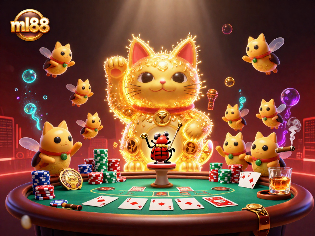 Experience exciting gameplay at ml88, featuring a lively lucky cat and vibrant casino elements.