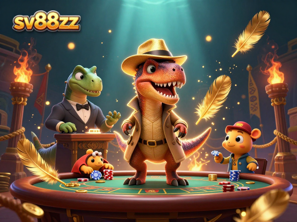 Experience the thrill of sv88zz as a cunning velociraptor attempts blackjack, with a stegosaurus pit boss and a sneaky compy in action.