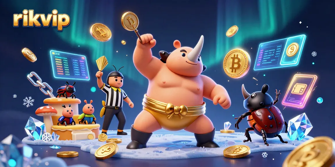 rikvip showcases a vibrant casino scene with a summoning beetle champion and rich golden coins.
