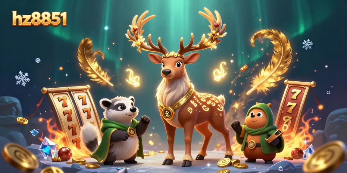 Engage in thrilling gaming at hz8851 with vibrant slot reels, golden coins, and an enchanting druid stag.