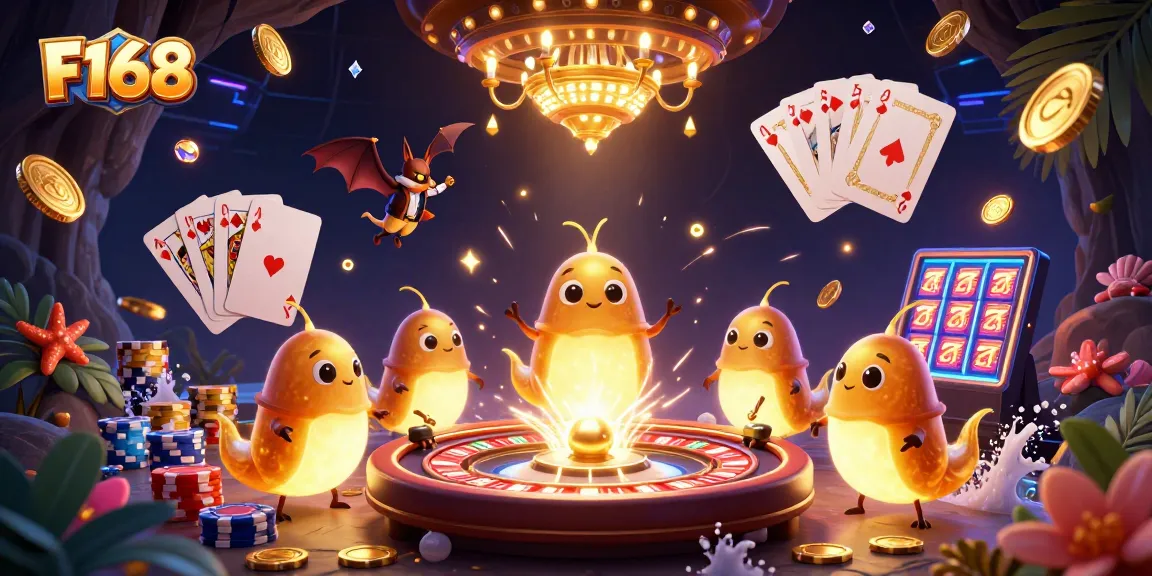 Experience F168's vibrant casino atmosphere with glowworms lighting the gaming scene and animated gaming elements.