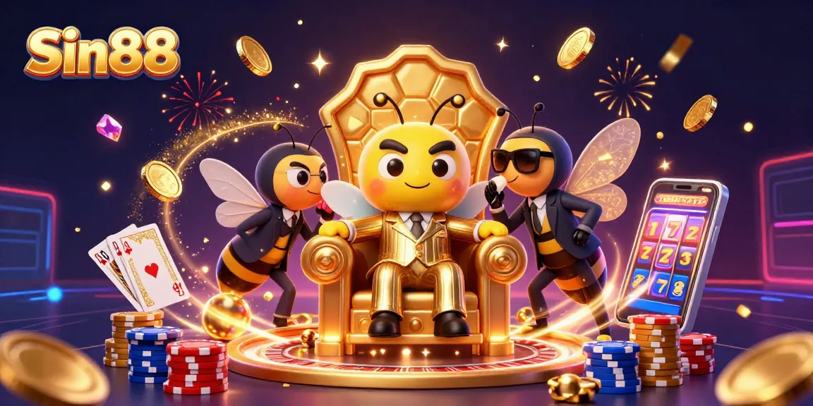 Experience the thrill of Sin88 with a buzzing casino scene featuring animated playing cards and coins.