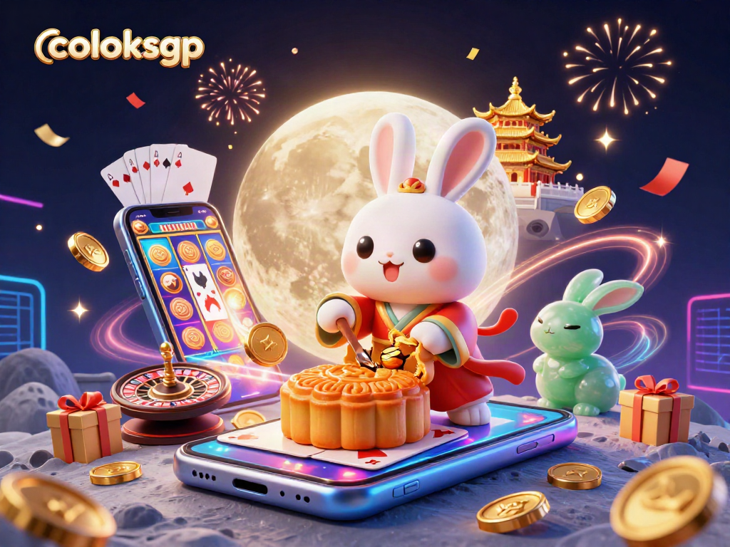Spin and win with coloksgp in a vibrant 3D lunar casino adventure featuring poker chips and slot games.