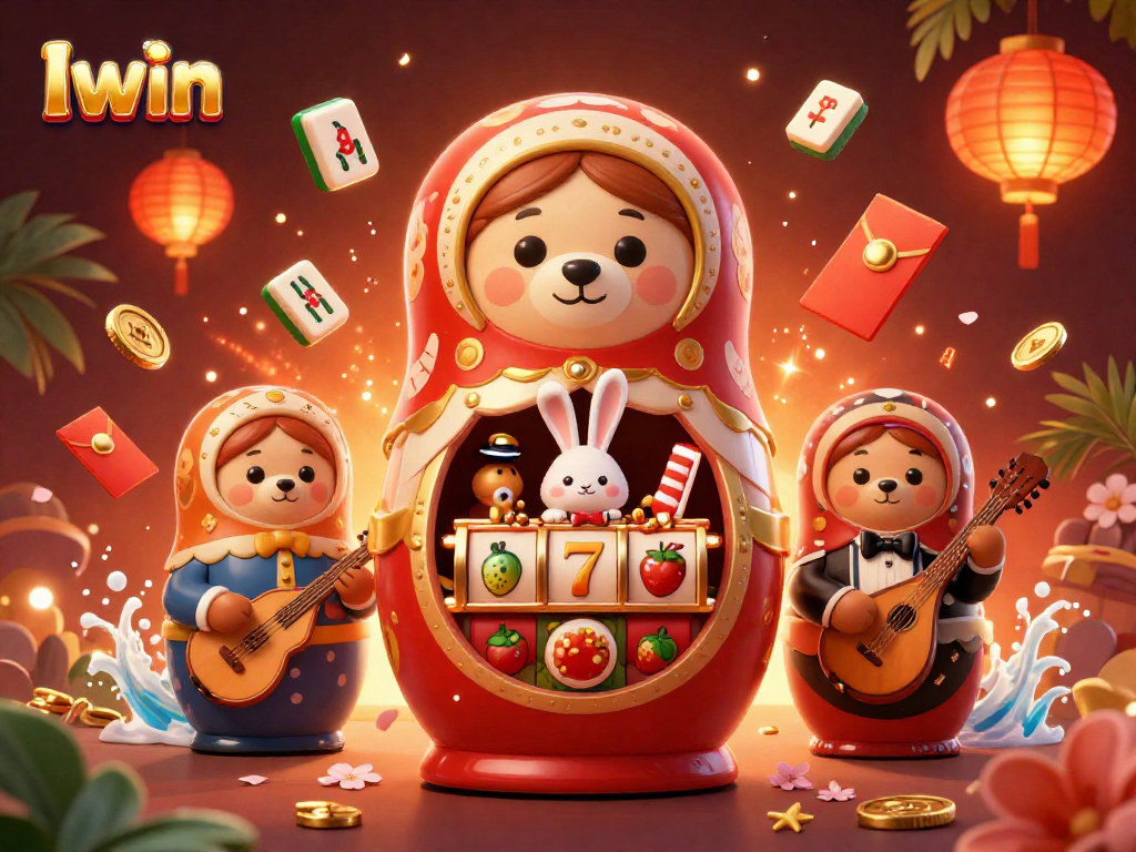 Iwin captures the excitement of casino thrills with cartoon bears and vibrant slot symbols.