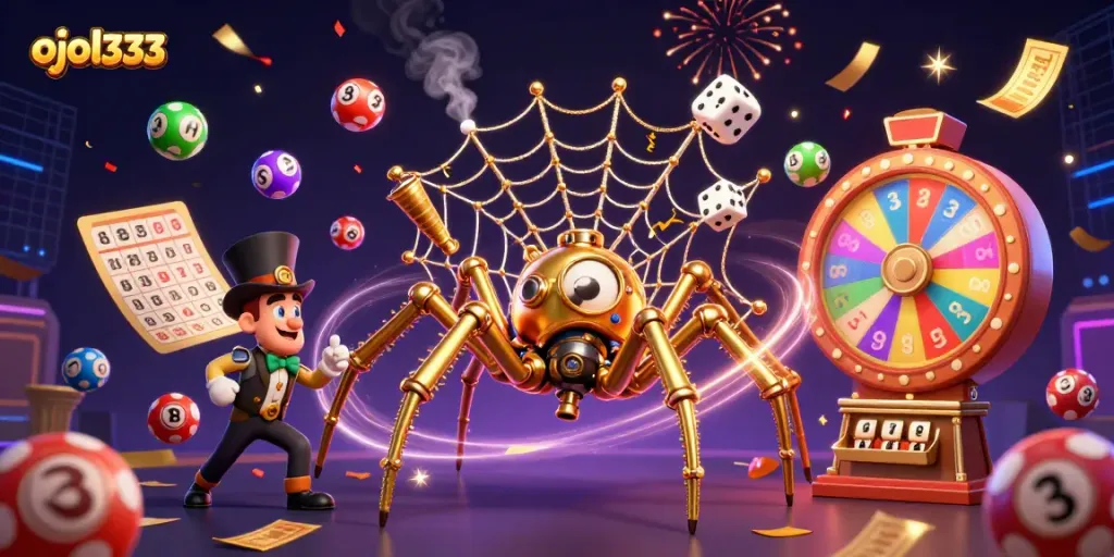 Engage with the vibrant world of ojol333, featuring a steampunk spider and dynamic lottery elements.