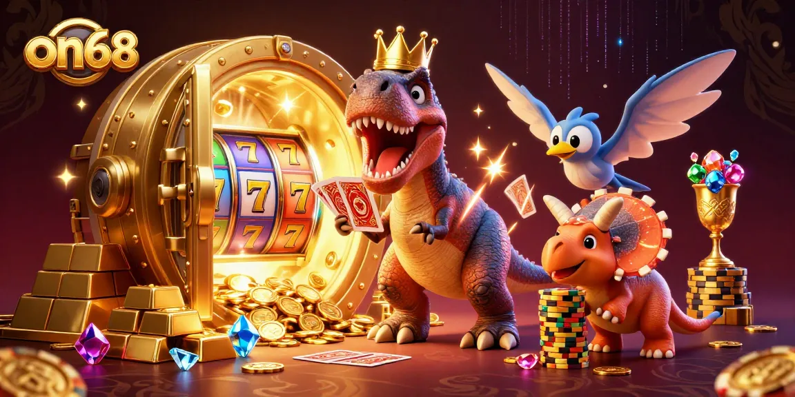 on68 online casino features a T-Rex shuffling cards and a triceratops stacking chips in an engaging scene