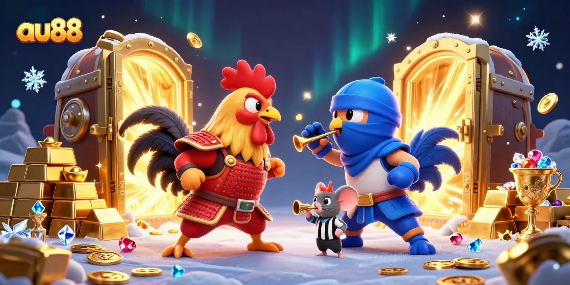 Experience winning moments at au88 with a dramatic cartoon standoff between samurai and ninja roosters amid gold treasures.