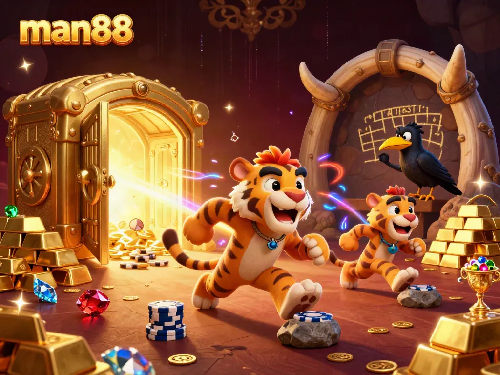 Play slots and win at man88 with caveman and tiger duo in a vibrant casino scene.