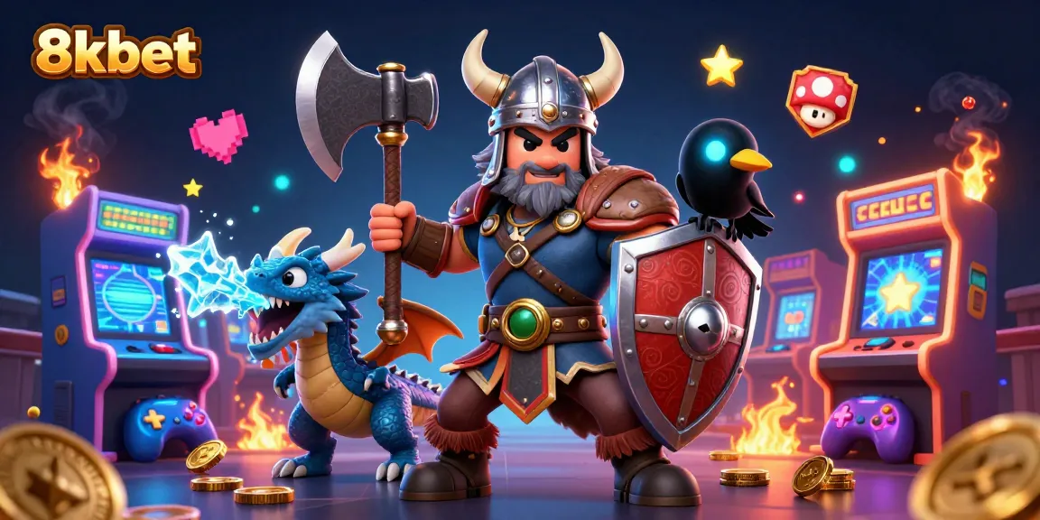 Bet on exciting games with 8xbet featuring a Viking wolf warrior, dragon, and glowing arcade machines.
