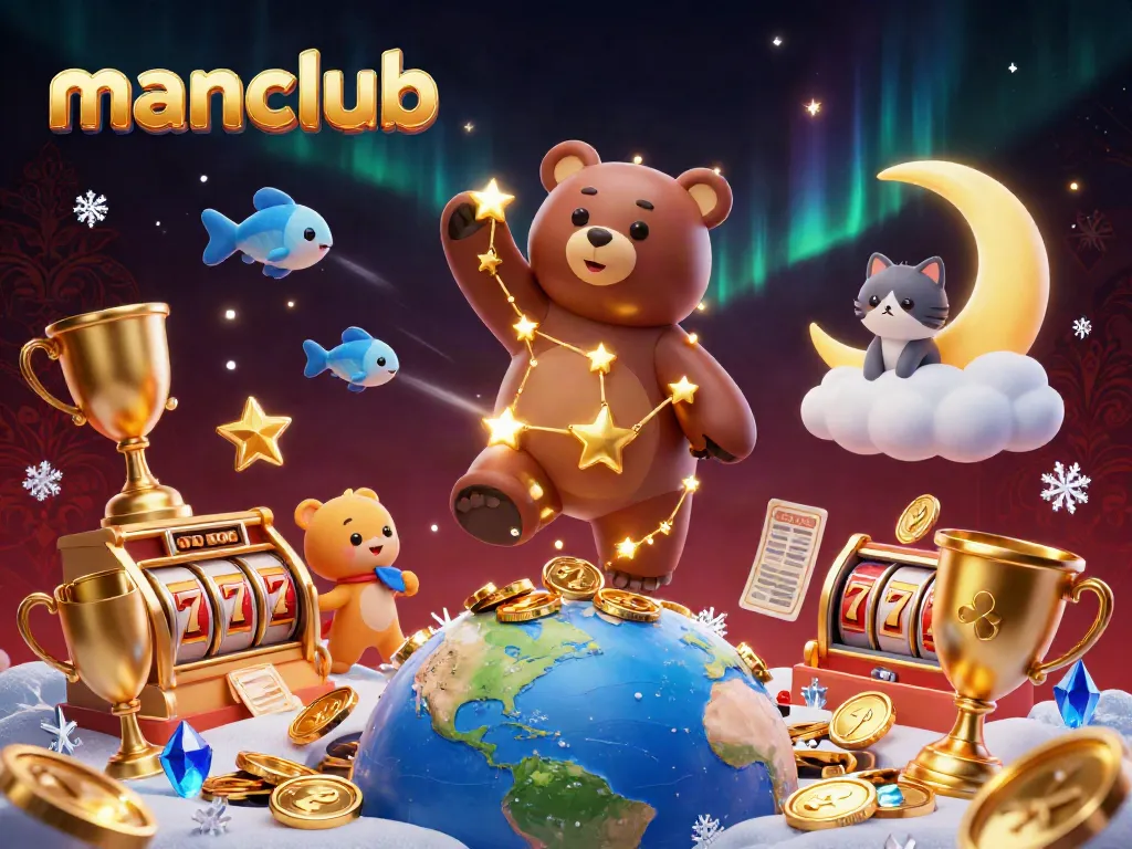 Jackpot excitement at manclub as a constellation bear gathers coins amidst vibrant casino elements.