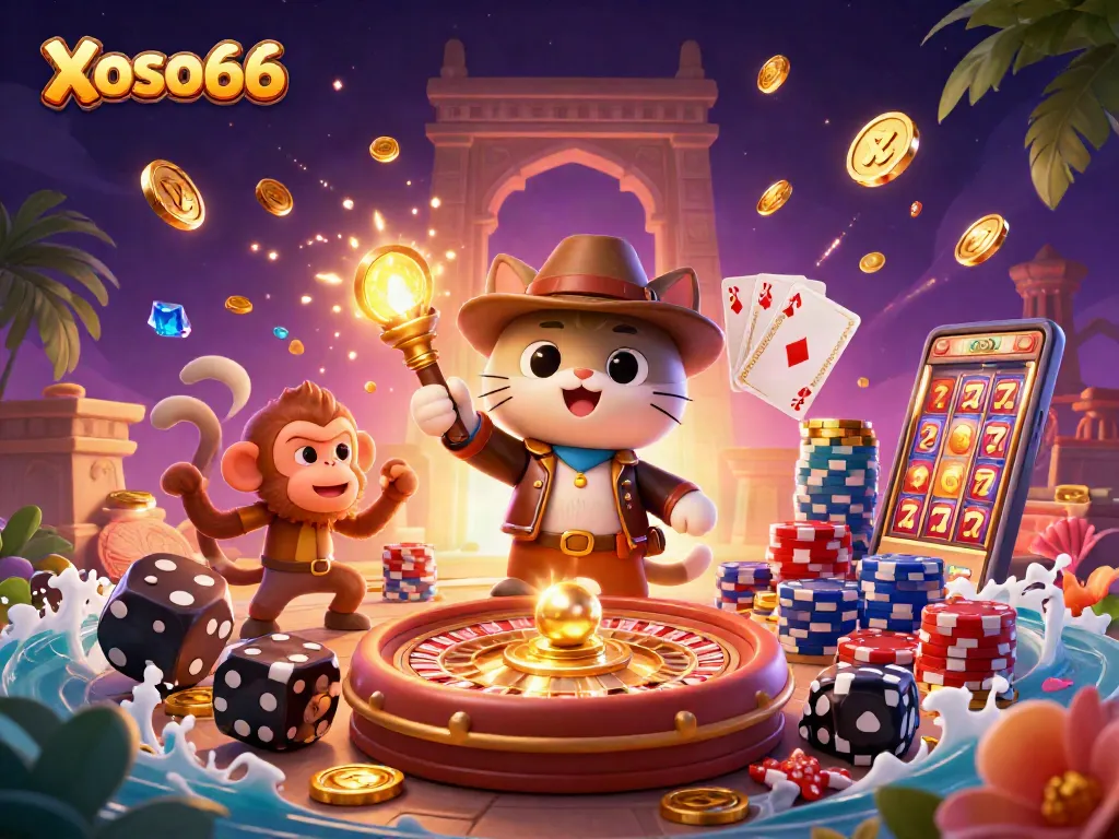 Xoso66 brings thrilling gaming experiences with a cat archaeologist uncovering casino treasures in a vibrant setting.