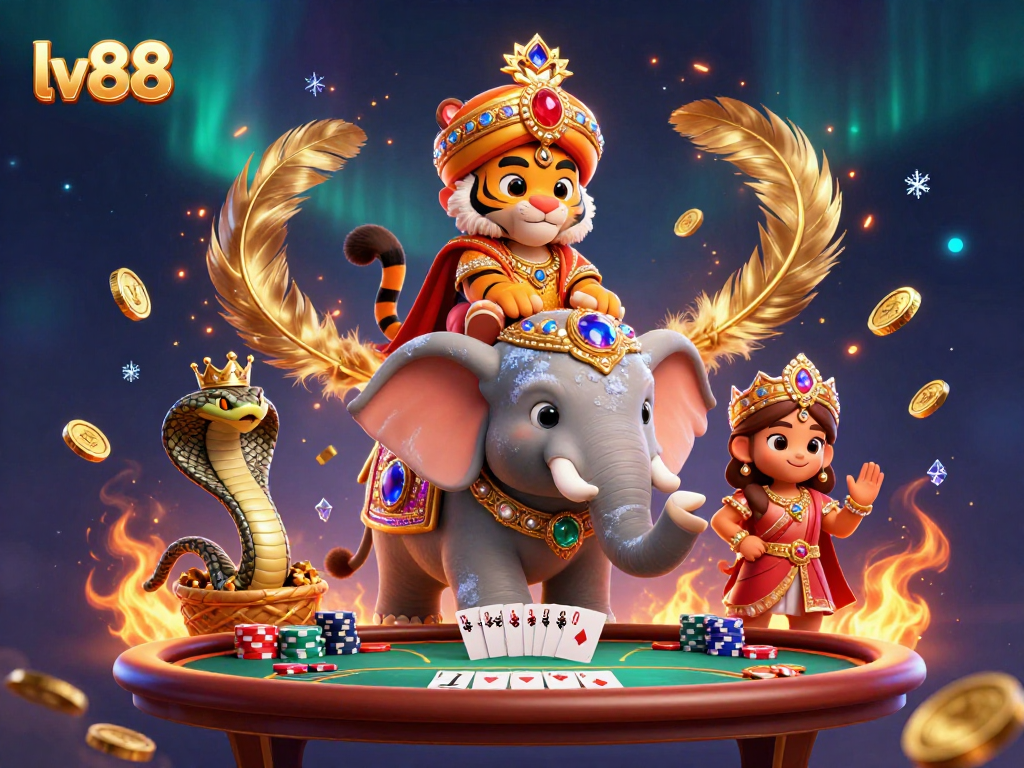 Experience thrilling poker action with lv88 in a vibrant 3D casino scene featuring an elephant, tiger, and cobra.