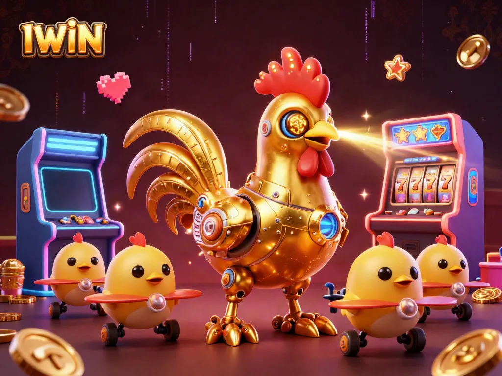 IWIN offers an exciting 3D casino experience with a golden rooster robot and baby chick drones amidst colorful game elements.