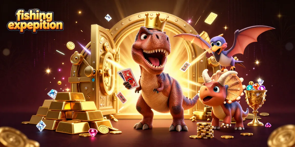 Join a fishing expedition where a T-Rex and friends deal cards in a vibrant casino scene.
