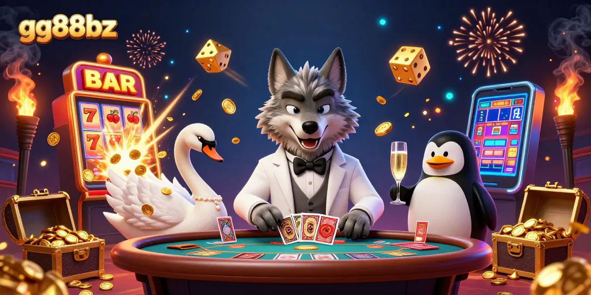 Spin to win at GG88BZ - 3D casino scene with epic jackpot explosion and lively characters dealing cards.
