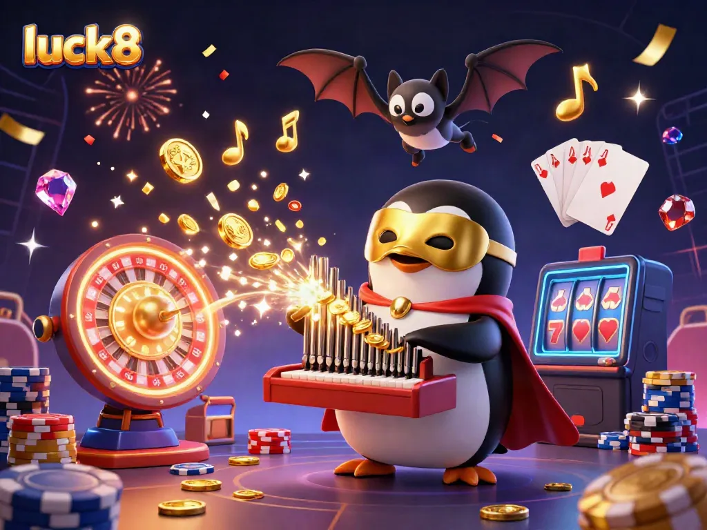 Win big with luck8 in this dazzling 3D scene featuring a casino-themed penguin playing an organ shooting golden coins.