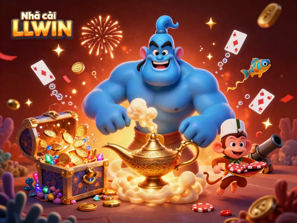 Engage with Nhà cái LLWIN through a vibrant 3D illustration of a genie, monkey, and poker chips in a magical casino scene.