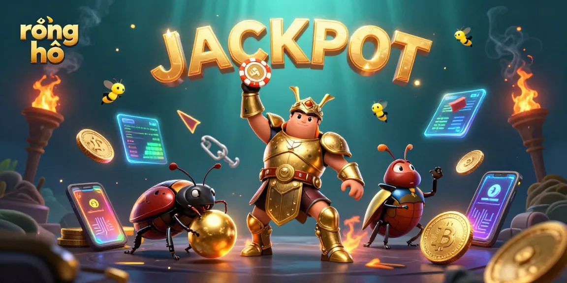 Experience thrilling rồng hổ gameplay with exciting golden armor heroes lifting poker chips and vibrant digital elements.
