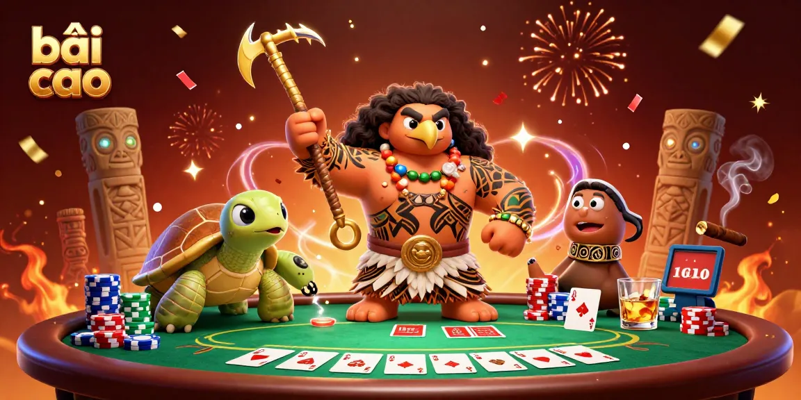 Engage in bài cào action with a demigod and turtle amidst poker excitement in a festive casino scene