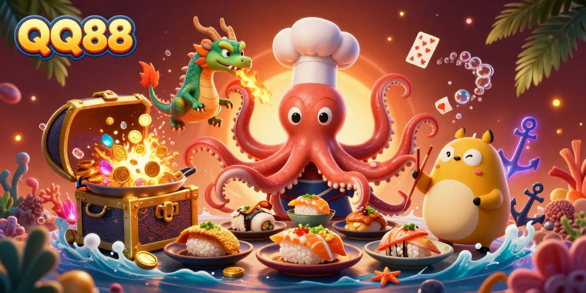 Experience the excitement of QQ88 with a vibrant 3D scene showing a sushi chef octopus, a green dragon, and a tanuki customer amidst dynamic casino elements.