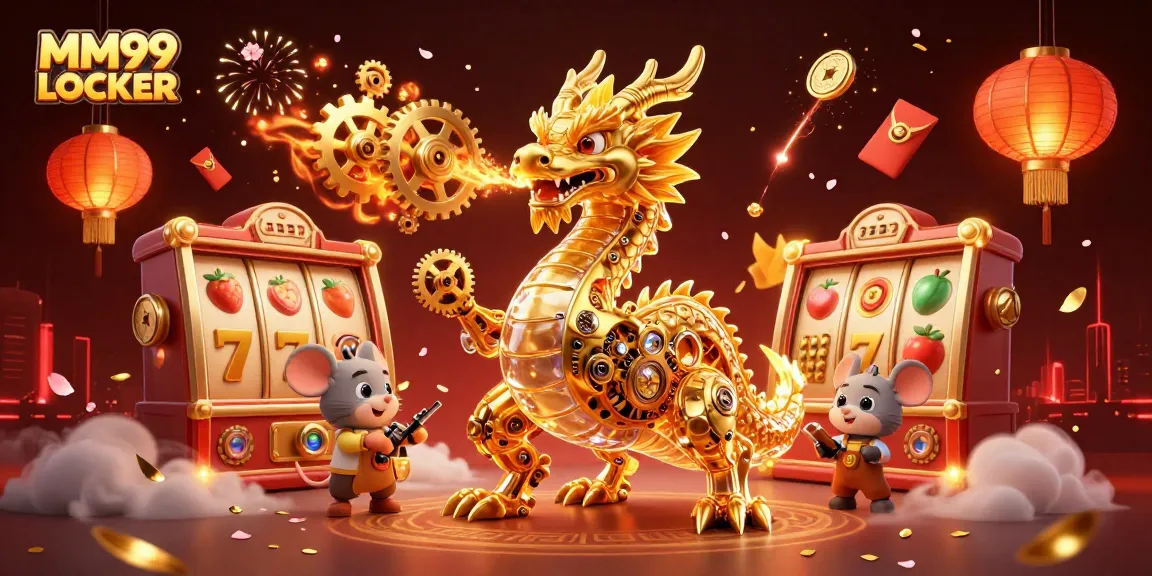 Engage in thrilling gameplay at MM99 LOCKER with vibrant slot machines and a golden dragon!