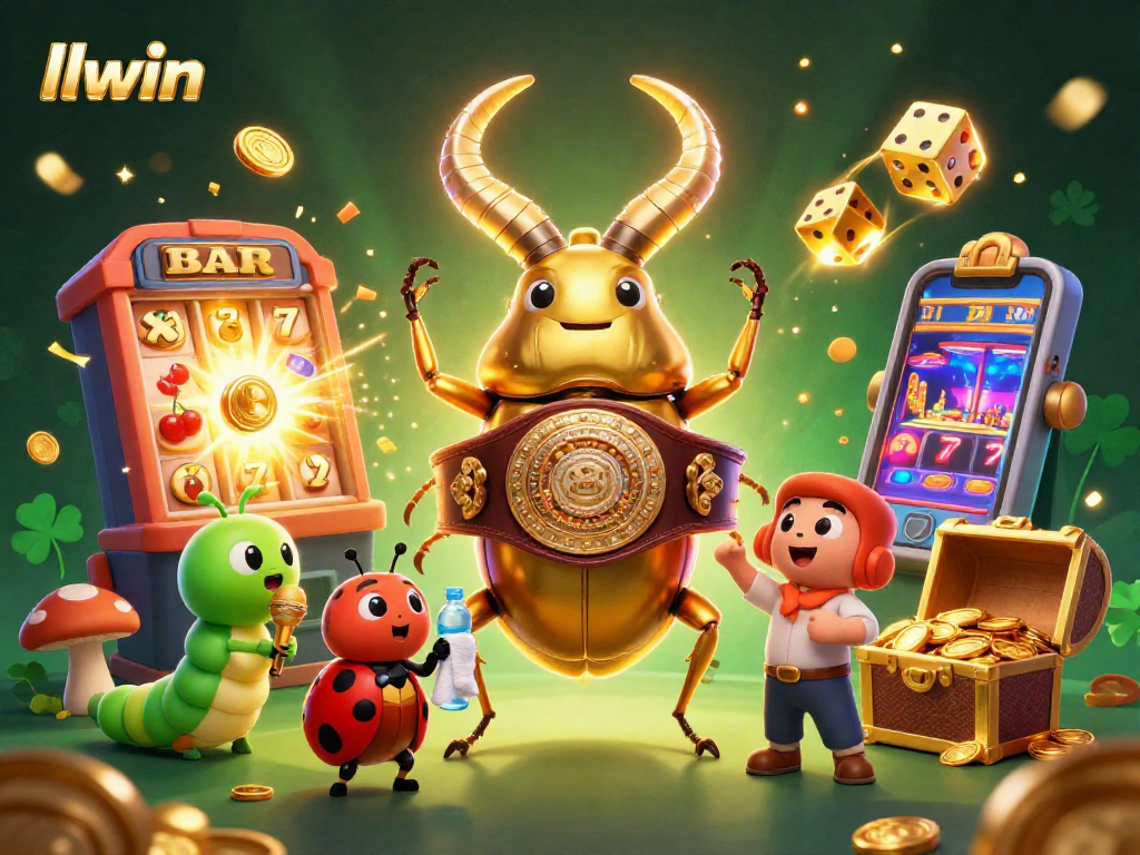 Bet on llwin with a vibrant scene of a golden stag beetle champion at a bustling casino.