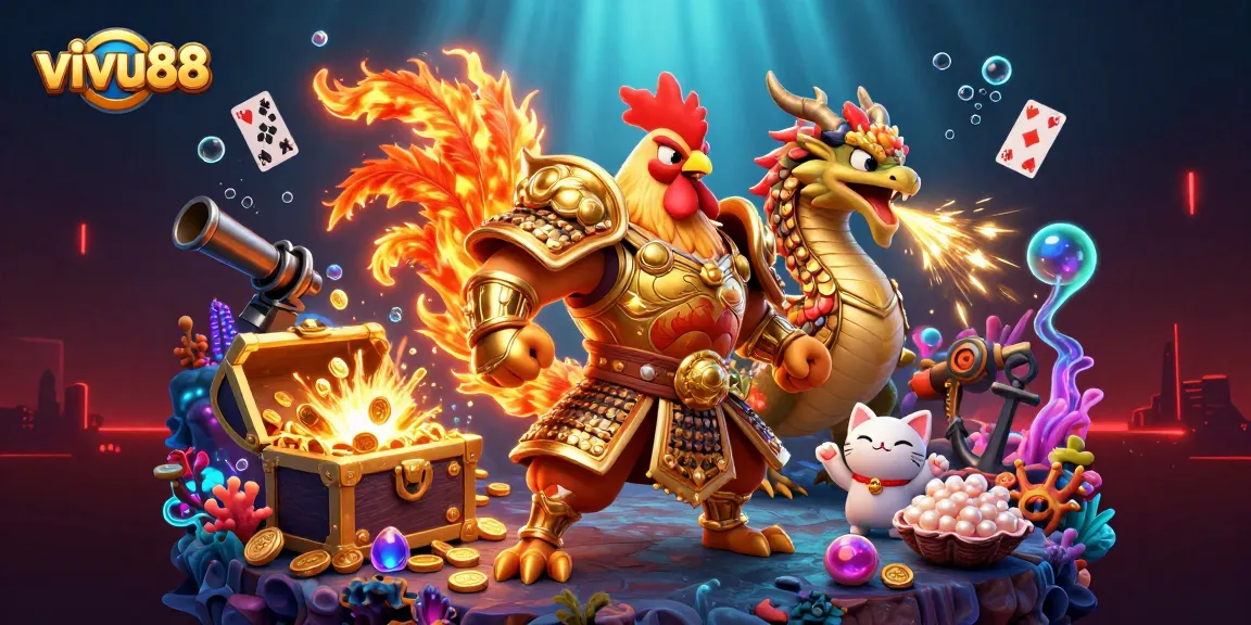 Experience thrill at vivu88 with a dynamic 3D illustration showcasing a powerful rooster warrior amidst casino treasures.