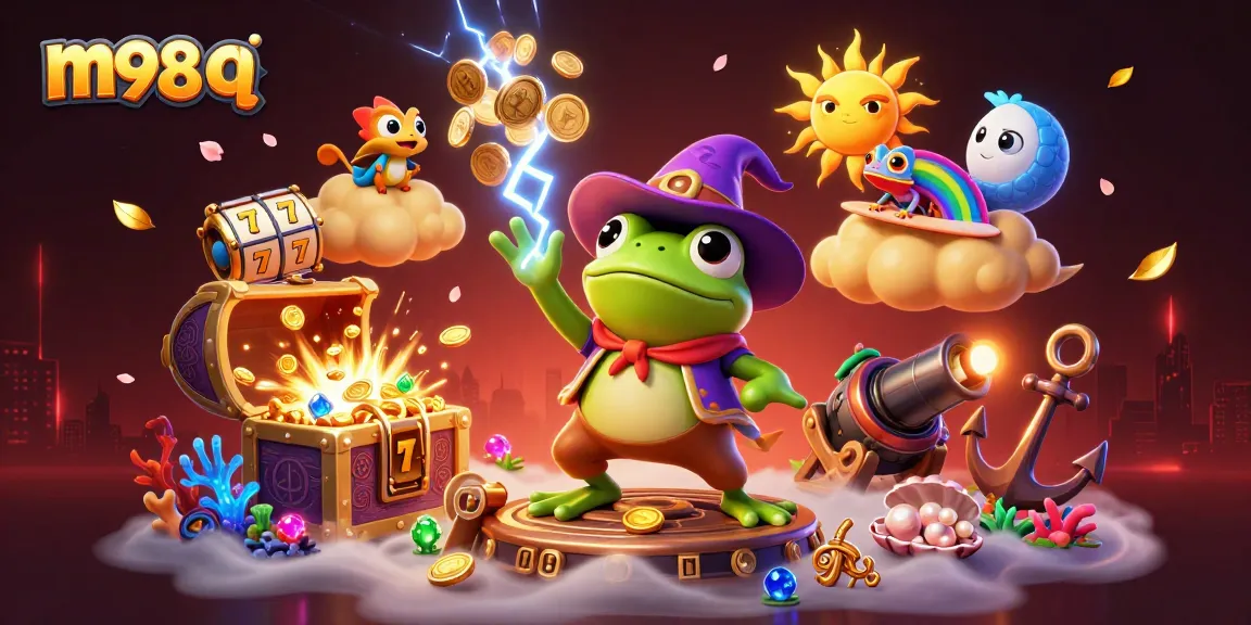 Experience excitement with m98 q as a weather wizard frog conjures gold coins amid slot reels.