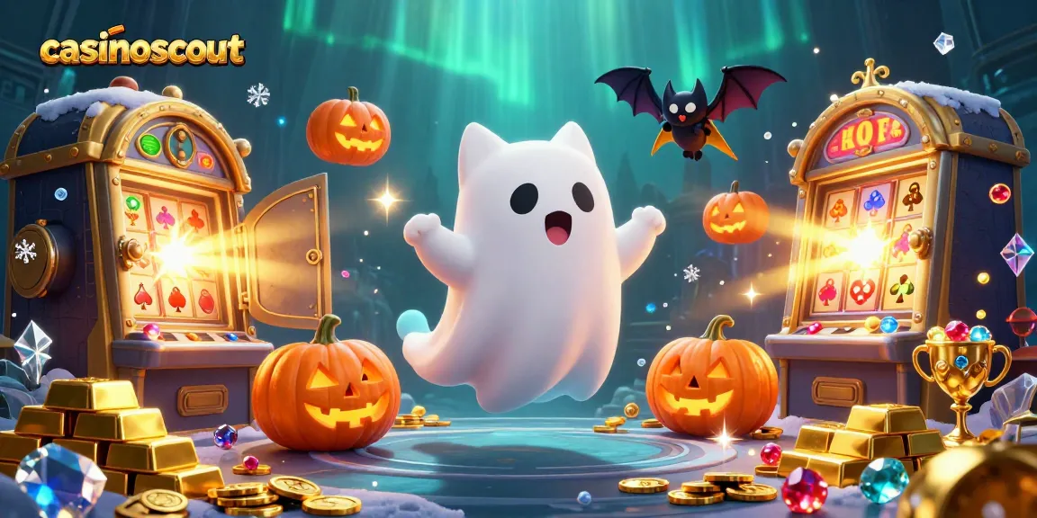 casinoscout showcases a ghost cat and vampire bat in a haunted casino scene brimming with treasures.