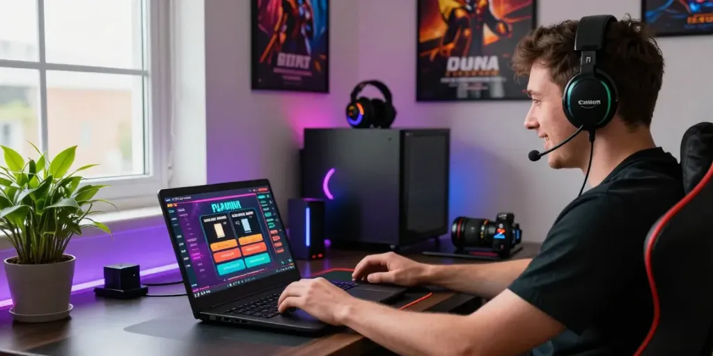 Exciting moment of a player enjoying games at credit card casinos uk, showcasing vibrant online gaming interface and accessories.