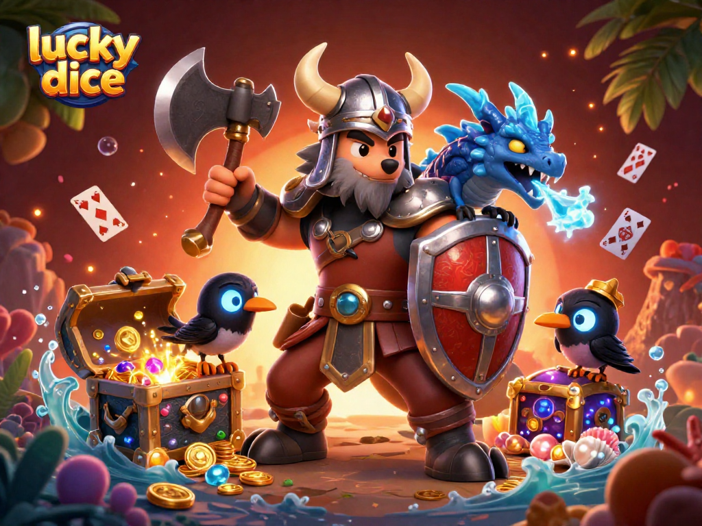 Experience thrilling lucky dice action with Viking wolf warrior, dragon, and treasure explosion!
