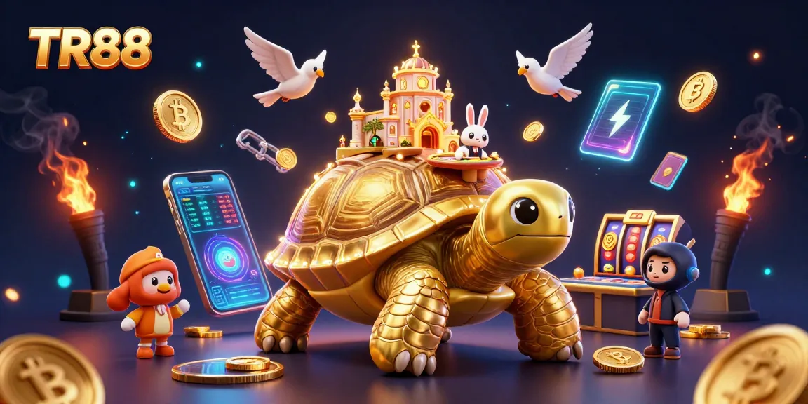 TR88 showcases a dynamic casino scene featuring a golden tortoise, rabbit dealer, and coins in flight.