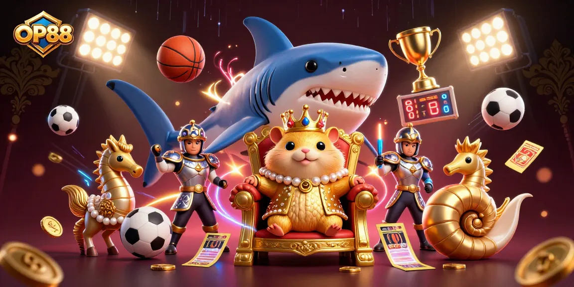 Experience the excitement of OP88's vibrant casino world with the golden hamster king on his shark throne.