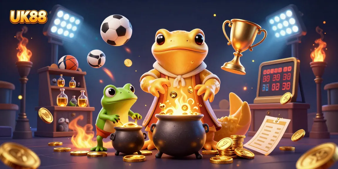 Experience UK88 with this captivating 3D illustration of golden alchemy and sports gambling.