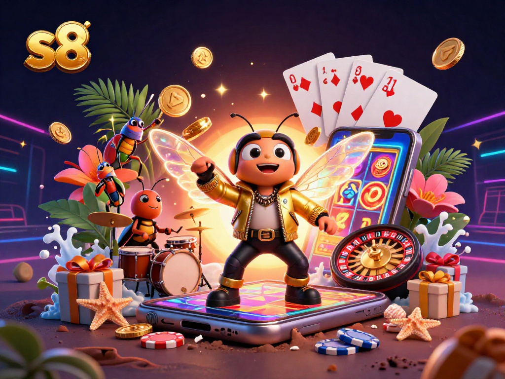 S8 players enjoy vibrant slot games with spinning reels and golden coins erupting while a cicada rock star performs.