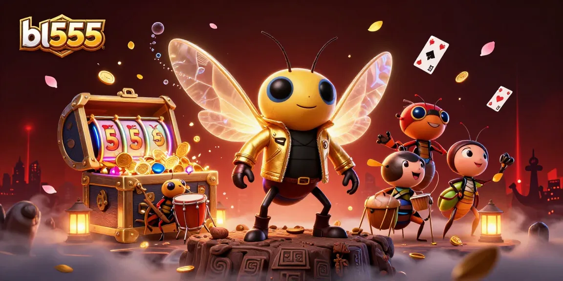 Experience exciting gameplay at bl555 with a lively scene featuring a rock star cicada and casino elements.