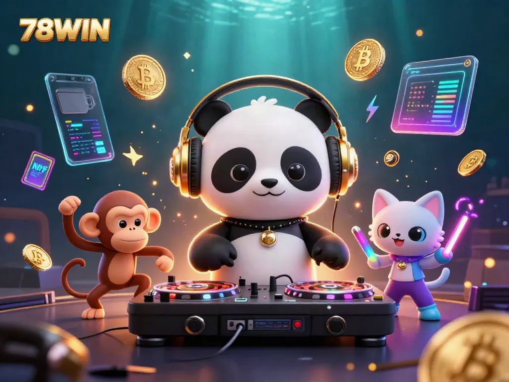 Experience the vibrant energy of 78WIN with DJ panda, breakdancing monkey, and glow-stick kitten in this lively casino scene.