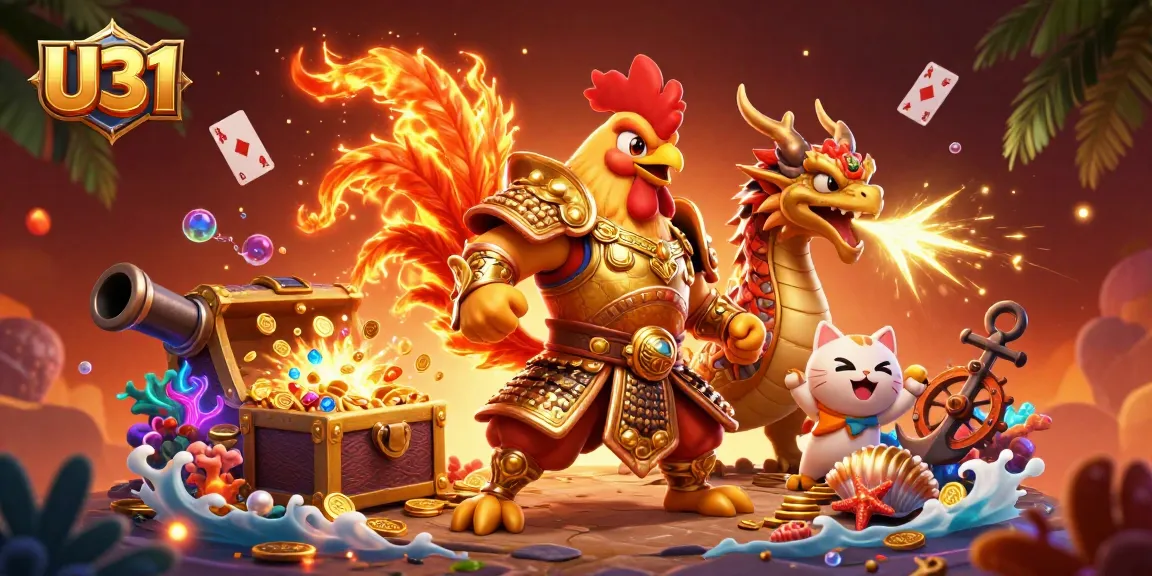 Experience U31's thrilling atmosphere with a dynamic 3D illustration of a rooster warrior and dragon hatchling.