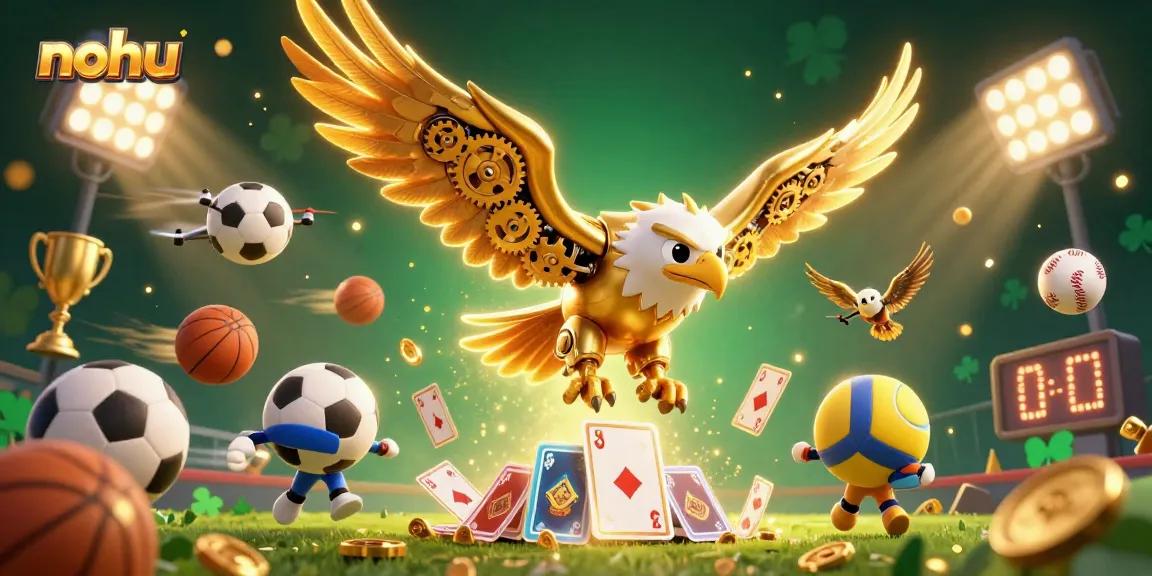 Experience thrilling wins at nohu with a cartoon eagle soaring through vibrant casino elements.