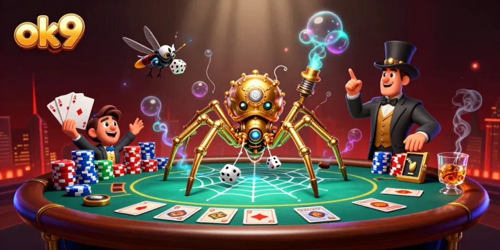 Engage in exhilarating games at ok9 with a steampunk golden spider weaving fortune-filled webs.