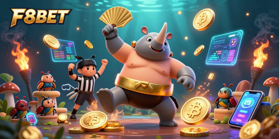 F8BET captures a vibrant, dynamic scene with a sumo champion and cryptocurrency elements in a casino setting.