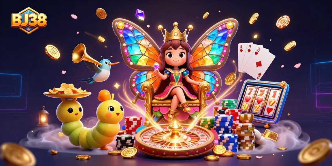 Experience the excitement of BJ38 with vibrant characters, golden chips, and dynamic game elements.
