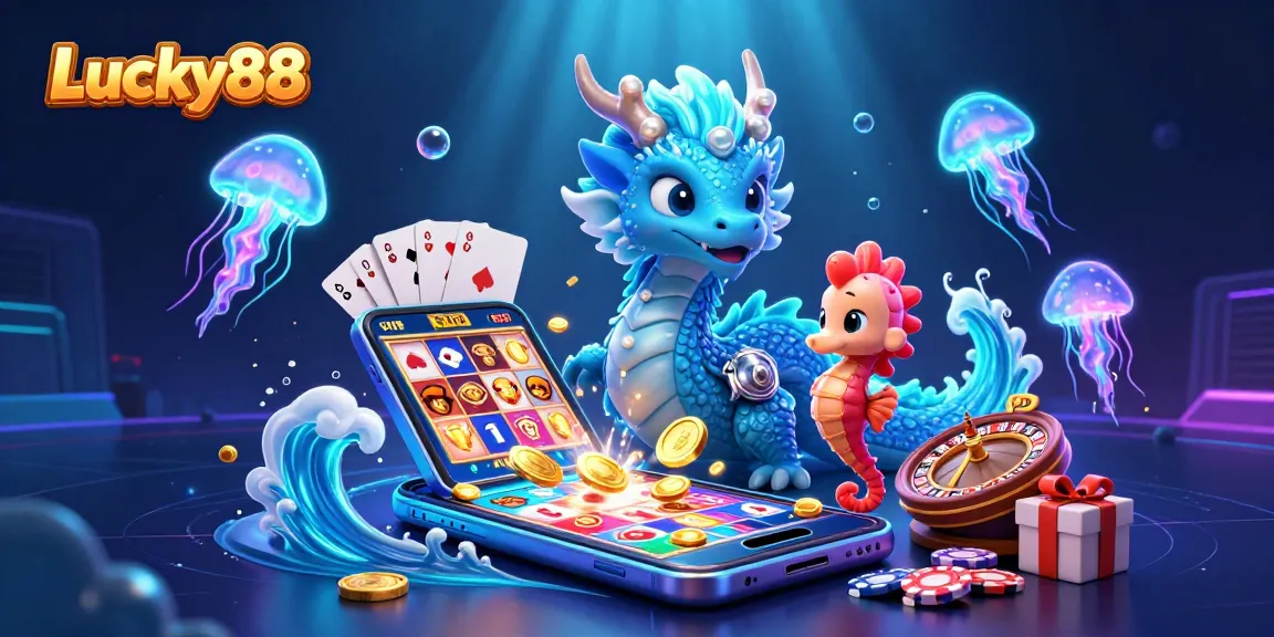 Experience thrilling gameplay with Lucky88 featuring a 3D water dragon, vibrant slot games, and neon jellyfish.