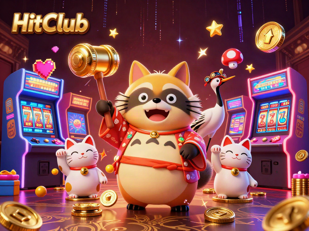 HitClub brings luck with cheerful tanuki in a vibrant casino scene full of excitement and rewards.