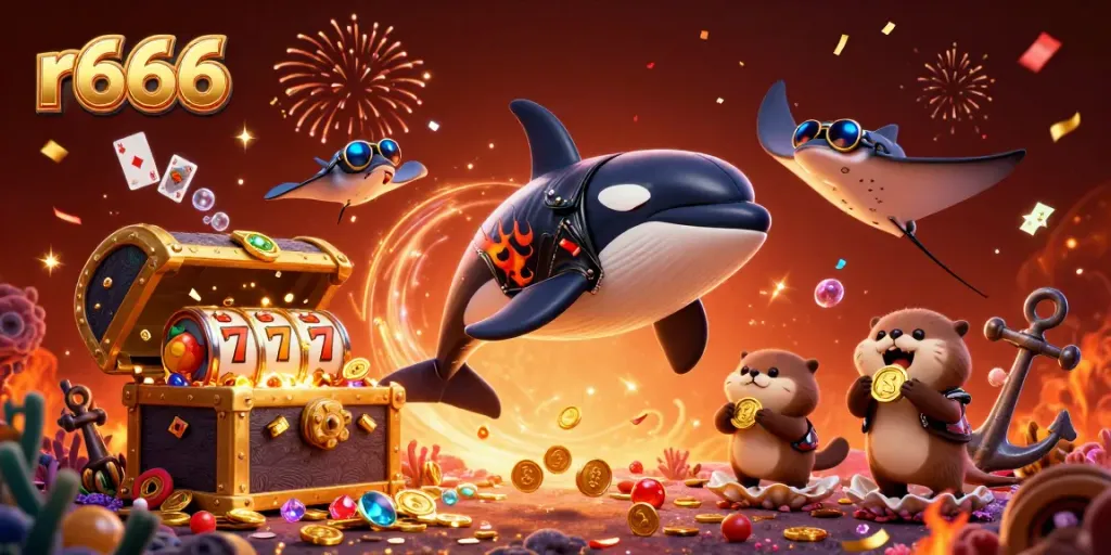 Engaging scene of a playful orca whale and friends celebrating while winning at r666 slot machines