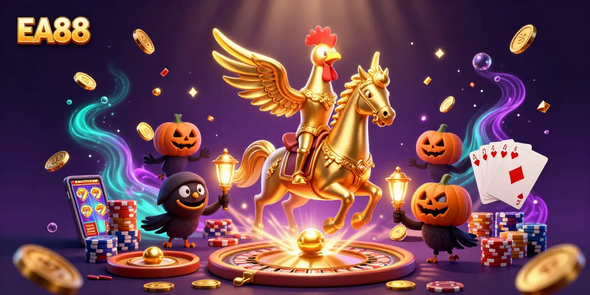 Experience the excitement of EA88 with a vibrant 3D casino scene filled with golden rooster and dynamic gameplay.