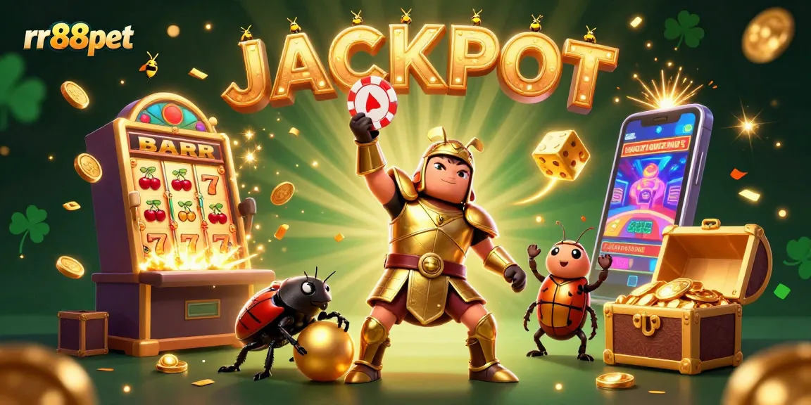 rr88pet celebrates with a beetle lifting a poker chip amid a jackpot explosion of gold and casino elements.