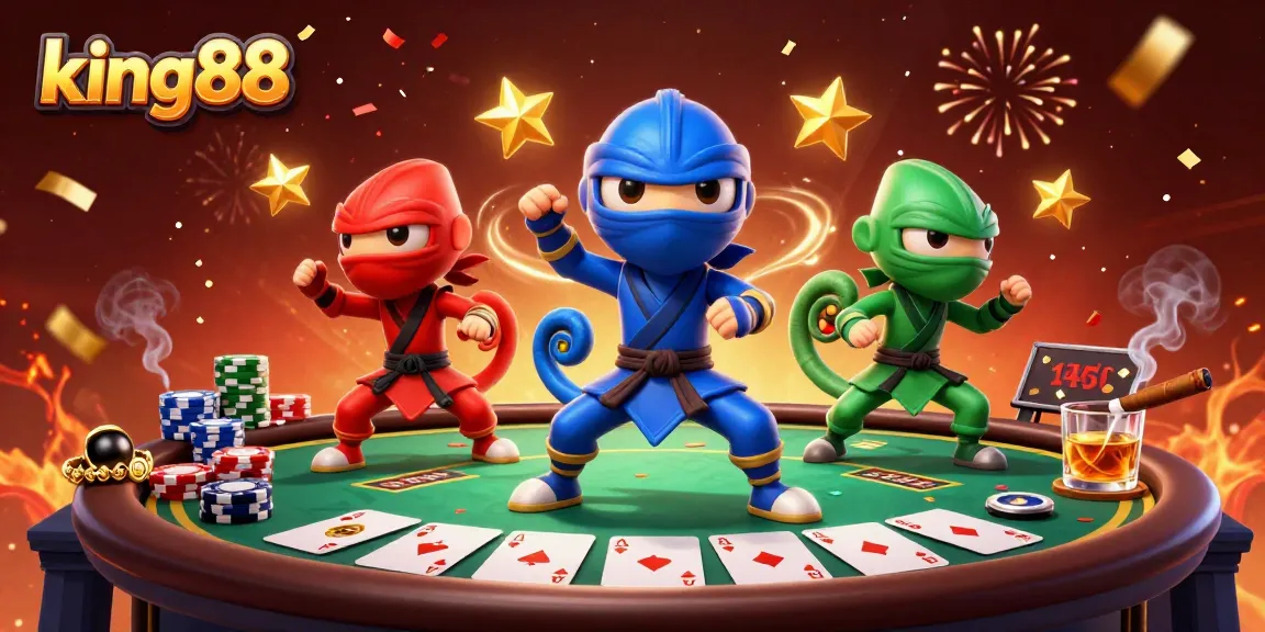 Experience thrilling gameplay at king88 with a dynamic casino scene featuring vibrant characters and stellar poker elements.